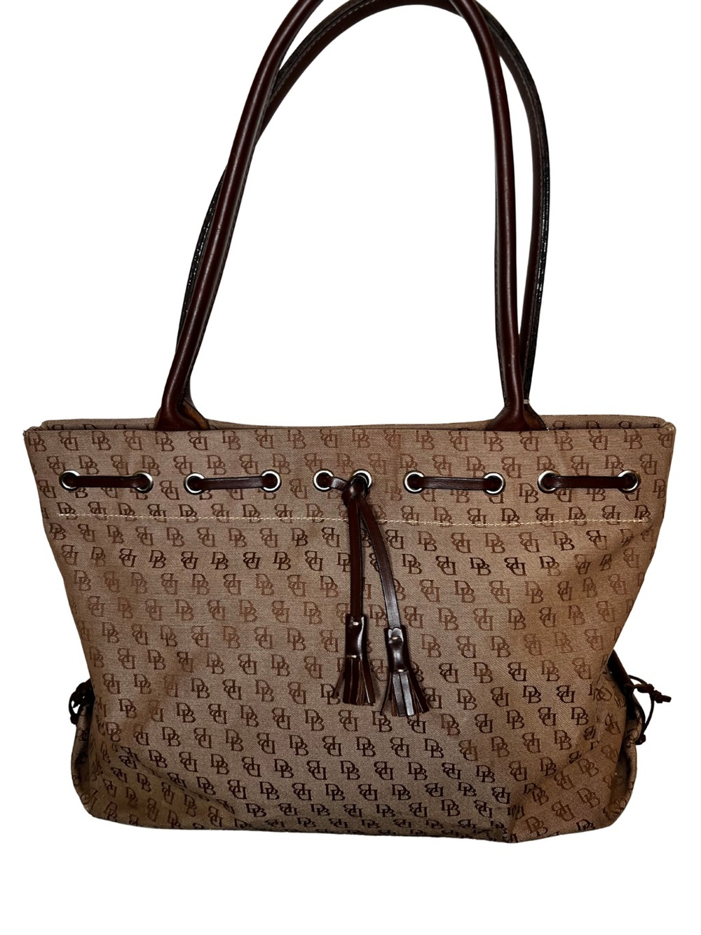 Dooney & Bourke Brown Signature Monogram Drawstring Tote Bag